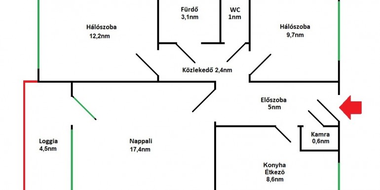 Erdősor út 61nm 2,5 szoba, loggia, gázkonvektoros, eredeti elrendezés